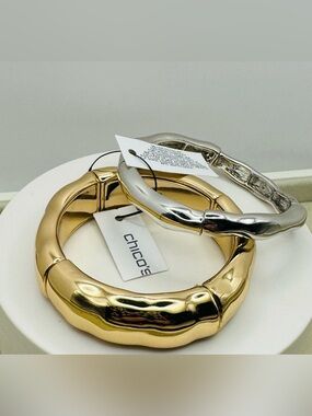 Chico's Gold and Silver Bamboo-Inspired Stretch Bracelet Duo NWT